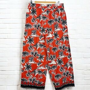 Tahari Flax Linen Palm Print High Rise Pull On Flowy Lightweight Palazzo Pants M